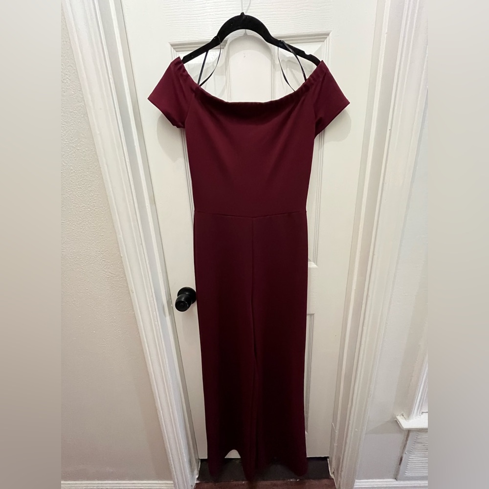 Lulus Burgundy Off-the-shoulder Bodycon Wide Leg Jumpsuit